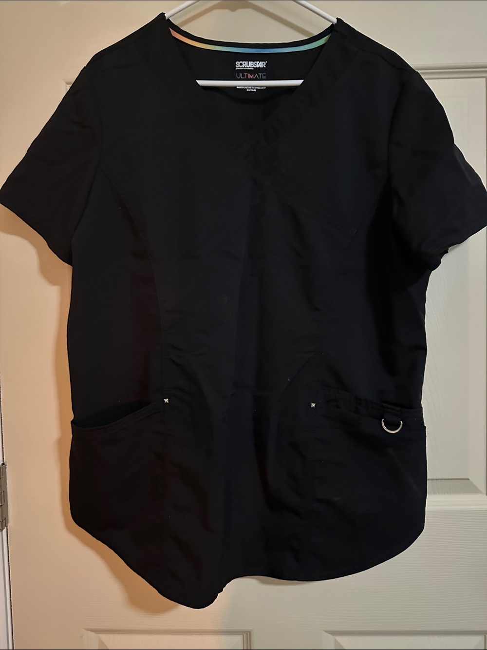 Scrubstar Black V-Neck Scrub Top with Subtle Rainbow Trim